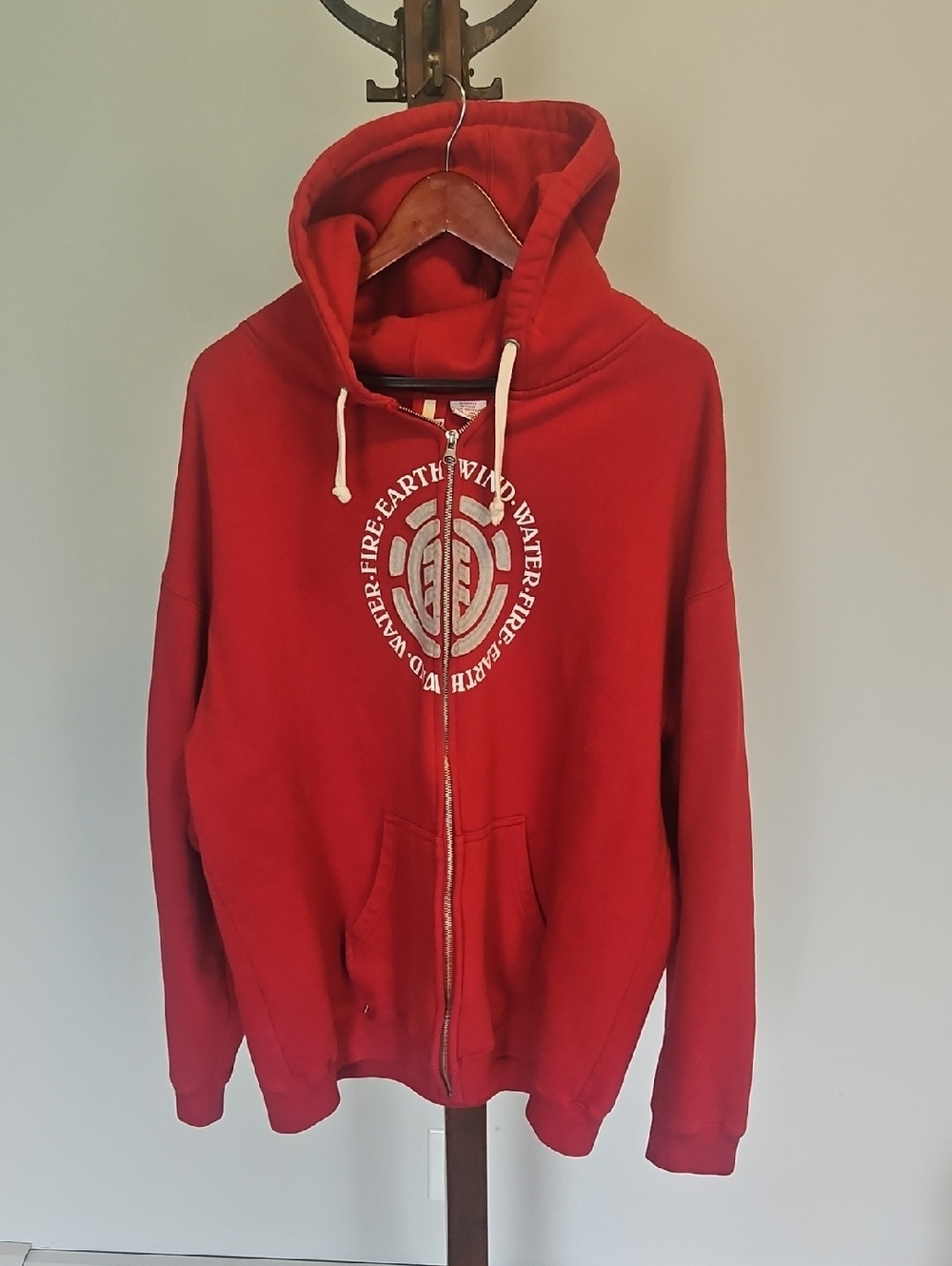 Element Mens Red Zip Hoodie with White Logo and Drawcord Size XL